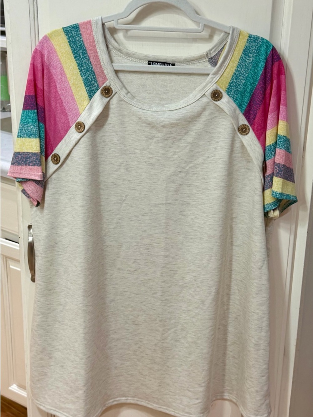 HEIMISH USA Cream Top with Striped Short Sleeves